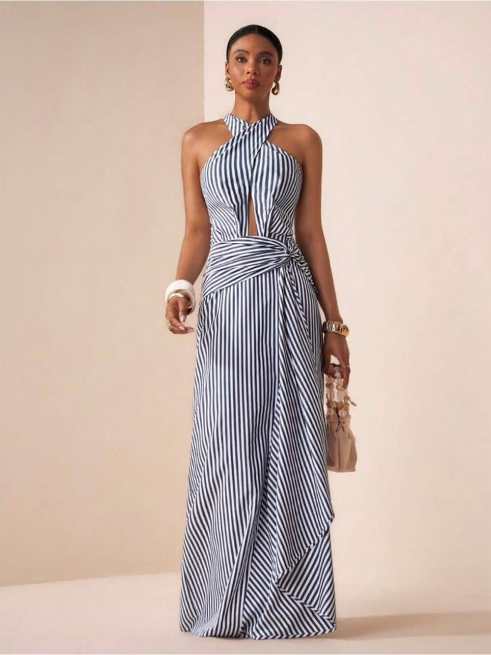 Striped Navy and White Halter Maxi Dress